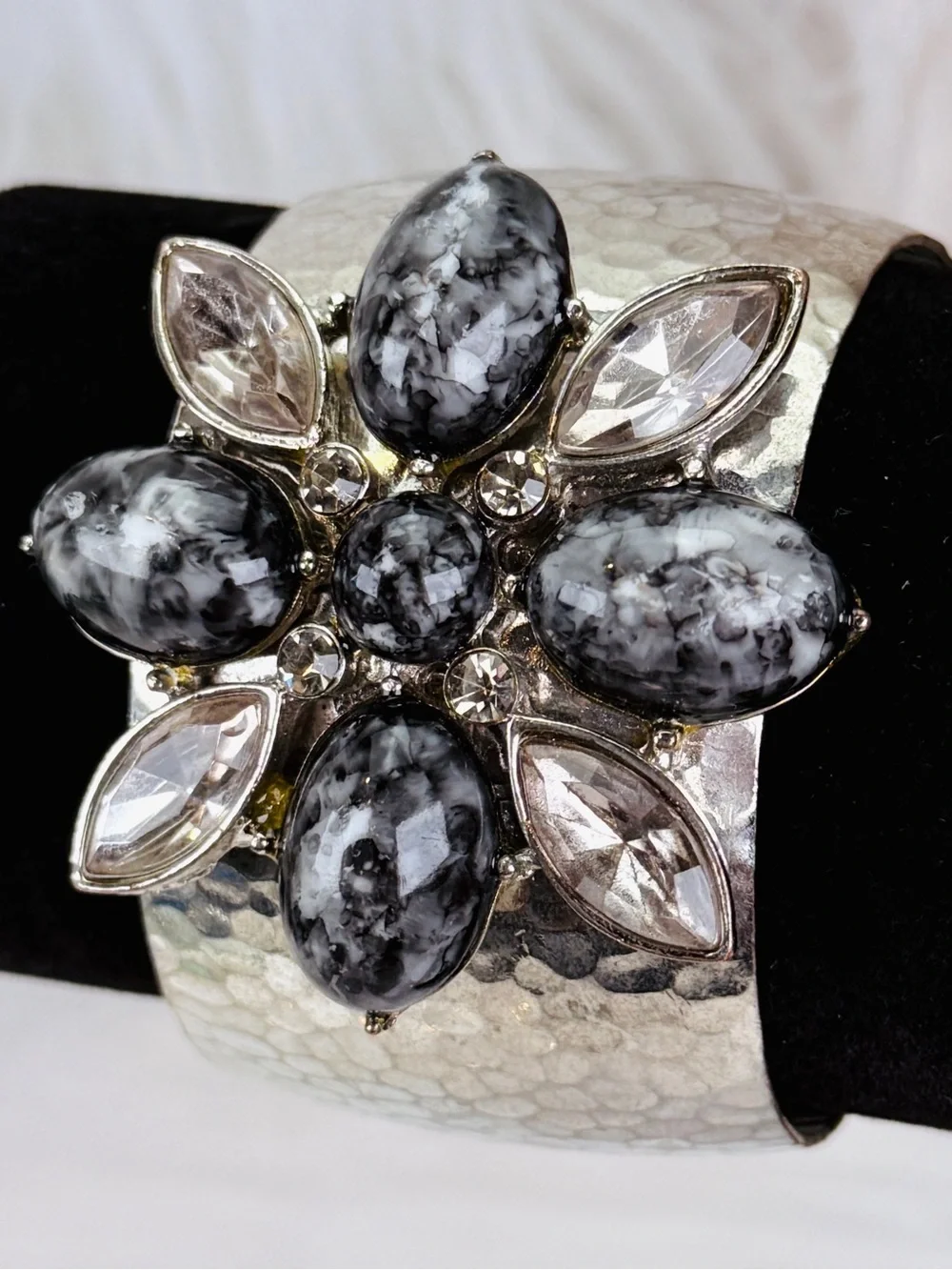 Vintage aged, Silvertone oxidized, colored accent, large cuff, runway bracelet